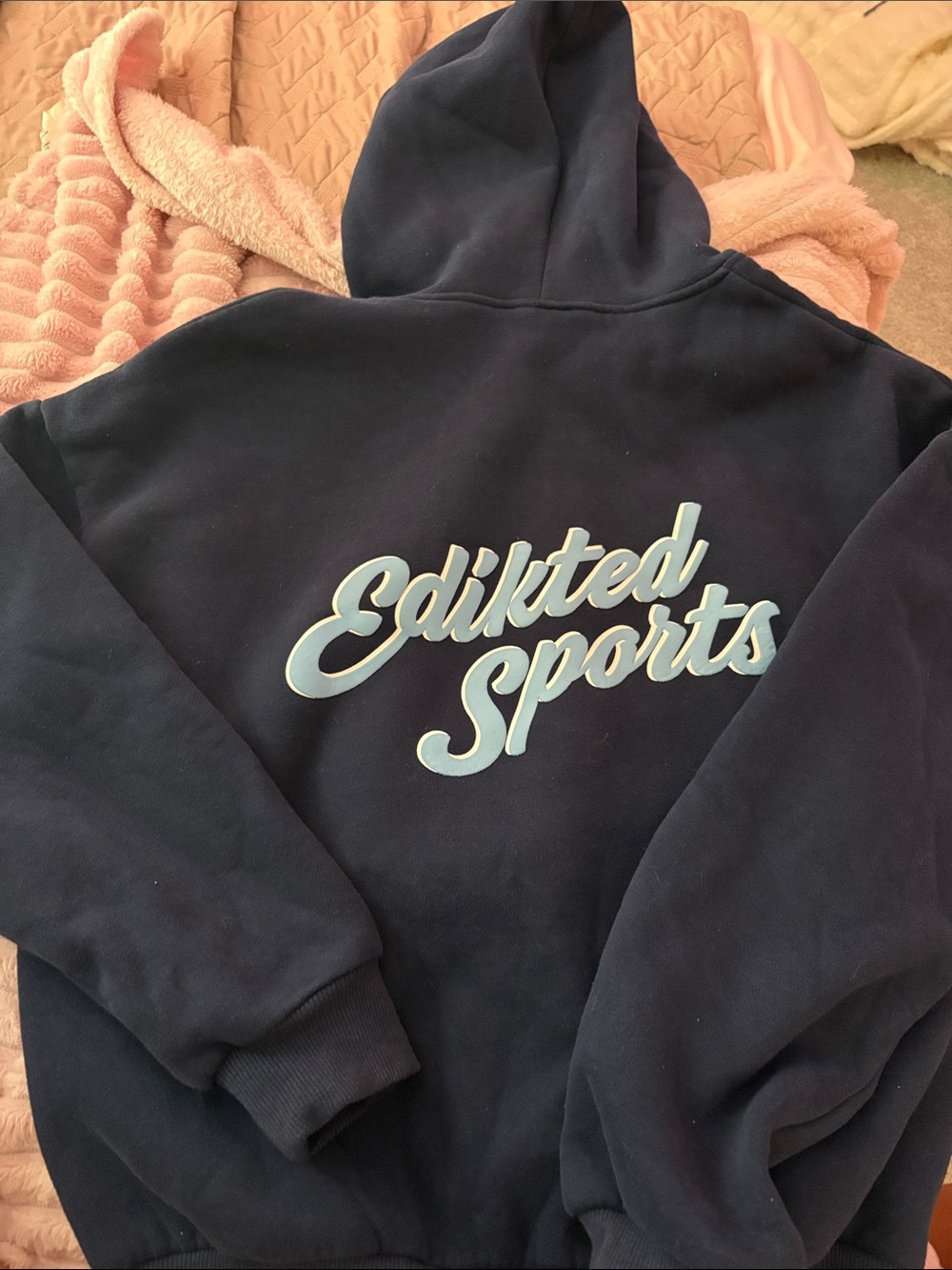 Edikted Navy Hoodie with Light Blue Script